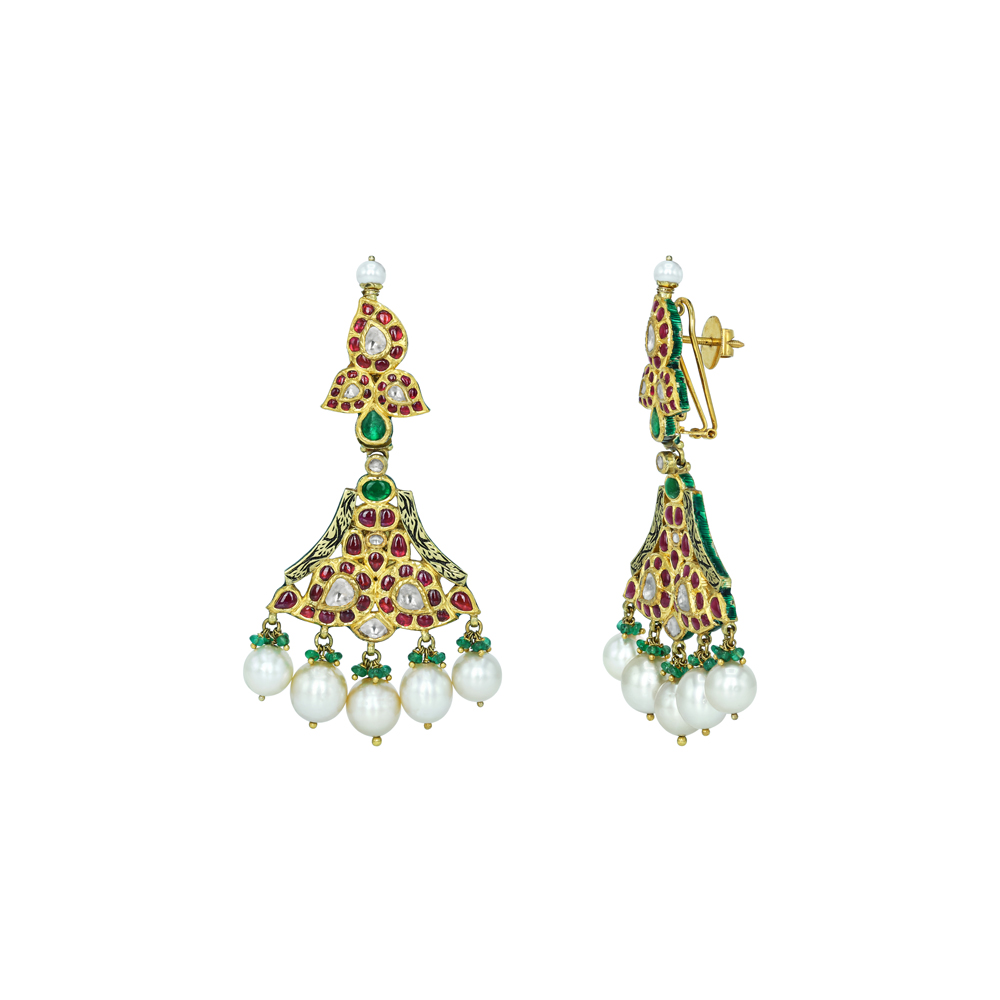 Polki Diamond Earrings with Red Stones, Emerald Beads & Pearls
